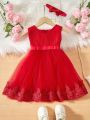 Baby Girls' Net Yarn Patchwork Dress With Bow Decoration For Formal Occasions