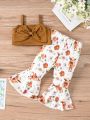 Baby Girls' Cute Knitted Tank Top With Bowknot & Cow Print Flare Pants Casual Set For Spring And Summer
