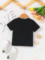 SHEIN Baby Girls' Butterfly & Letter Print Short Sleeve T-shirt