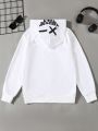 SHEIN Kids Academe Boys' Fashionable Printed Hooded Sweatshirt With Long Sleeves, For Middle And Big Kids