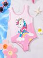 SHEIN Young Girl Daily Casual Sleeveless Cartoon Printed One-Piece Swimsuit