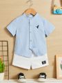 SHEIN Baby Boy's Casual Comfortable Bird Pattern Button-Up Shirt And Shorts Set