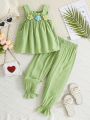 SHEIN Kids SUNSHNE Young Girl Casual Holiday Style 2pcs/Set Peplum Flower Decorated Tank Top And Pants