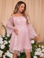 SHEIN Maternity Pink Off-shoulder Mesh Dress