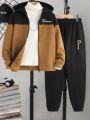 SHEIN Boys' Letter Print Hoodie And Sweatpants Streetwear Style Warm Two-piece Set For Autumn/winter