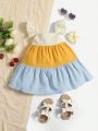 SHEIN Cute Baby Girl's Short Sleeve Color Block Dress With Ruffle Trim