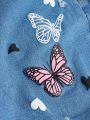 SHEIN Teenage Girls' Butterfly Pattern Printed Distressed Denim Shorts