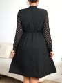 SHEIN Privé Plus Size Polka Dot Printed Contrast Color Notched-Neck Dress With Notched Neckline