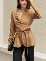 Anewsta Women'S Solid Color Lapel Wrap & Tie Blazer Jacket