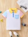 SHEIN Toddler Boys' Sporty Collar Color Block Short Sleeve Polo Shirt For Summer