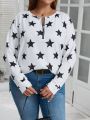 SHEIN LUNE Plus Size Women's V-neck Star Print Drop Shoulder T-shirt