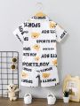 Young Boys' Cute And Fashionable Three-Piece Set With Cartoon Bear And Letter Print, Spring And Summer