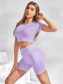 SHEIN Yoga Basic Short Sleeved Drop Shoulder Cropped T-Shirt And Cycling Shorts Sports Outfit
