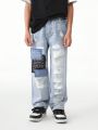 Tween Boys' Fashionable Light Blue Patchwork Embroidery Detail Stretchy Slim Straight Leg Jeans, Streetwear