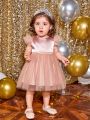 SHEIN Baby Girl Ruffle Trim Mesh Overlay Party Dress