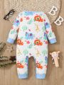 Infant Spring Autumn Long Sleeve With Cute Zoo Pattern, Diagonal Button Baby Romper Jumpsuit