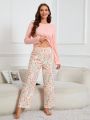 Valentines Women'S Round Neck Long Sleeve Top And Floral Print Trousers Pajama Set