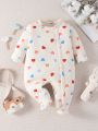 SHEIN Baby Girls' Heart Pattern Button-front Sleepsuit With Feet Cover