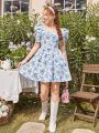 Teen Girl's Striped Weave Flower Print Shirred Casual Dress With Square Neckline, Puff Sleeves And Back Shirred