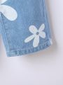 Vintage, Cute, And Comfortable Flower High-Waist Wide Leg Jeans For Baby Girls, Casual Wear