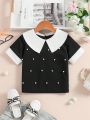 SHEIN Kids FANZEY Toddler Girls' Color Block Pearl Studded Short Sleeve Shirt