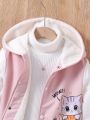 SHEIN Kids Nujoom 1pc Teenage Girls' Cat Print Hooded Jacket With Fleece Lining
