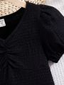 SHEIN Kids FANZEY Tween Girl's Puff Sleeve Shirred T-Shirt With Detachable Belted Skort Set