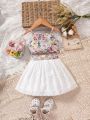 Infant Baby Girls' Flowery Printed Lace Patchwork Hollow Out Embroidery Suspender Skirt Set