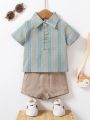 2pcs/Set Baby Boy Casual Bohemian Striped Polo Collar Short Sleeve Top And Solid Shorts Summer Outfits