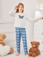 Girls' Butterfly Print Long Sleeve T-Shirt And Plaid Pants Pajama Set