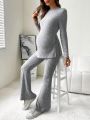 SHEIN Maternity Ribbed Knit Split Hem Tee & Adjustable Waist Flare Leg Pants