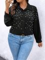 SHEIN LUNE Plus Size Black Shirt With Faux Pearl Decorations