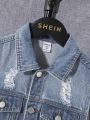 SHEIN Tween Boy Ripped Flap Pocket Denim Vest Jacket Without Hoodie