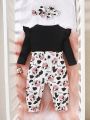 Baby Girl's 2 In 1 Flying Sleeve Jumpsuit With Big Bowknot And Cow Print