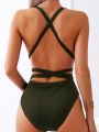 SHEIN Swim Chicsea Women's Solid Color Deep V-Neck Waisbelted Vacation Casual One-Piece Swimsuit
