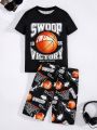 SHEIN Boys And Girls Casual Street Fashion Basketball Letter Printed Round Neck Tops Shorts Home Clothes Two-Piece Set