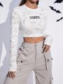 SHEIN Coolane Letter Embroidery Distressed Ripped Crop Tee