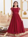 SHEIN Kids SUNSHNE Scoop Lace Sleeves Long Chiffon Bridesmaid Dress With Bowknot