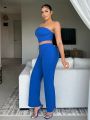 SHEIN SXY Crop Top Strapless Blouse And Long Pants Two Piece Set