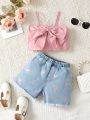 Baby Girl's Summer Casual & Holiday Elegant Big Bow Tie Cami Top & Heart Embroidery Denim Shorts 2pcs/Set