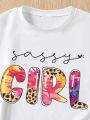Young Girls' Leopard & Letter Printed Short Sleeve T-Shirt
