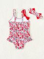Baby Girl Floral Print One-Piece Swimsuit With Headband For Summer Beachwear