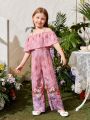 SHEIN Kids Nujoom Little Girls' Flower Print Overalls Jumpsuit With Spaghetti Straps