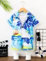 Young Boys' Casual Palm Tree Print Short Sleeve Shirt And Shorts Beachwear, Hawaiian Vacation Outfits
