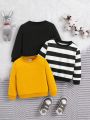 SHEIN Baby Boy Striped Printed Round Neck Long Sleeve Pullover Sweatshirt Thin 3pcs/Set Outfit