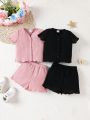 SHEIN Baby Girls' Casual Knit Solid Color Short Sleeve Cardigan Shorts 4pcs Outfit Set