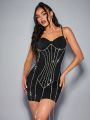 SHEIN BAE Black Elegant Sparkling Rhinestone Chain Embellished Bodycon Dress With Cupped Tube Front For Nightclub, Prom, Cocktail Party Suitable For Summer Sexy, Vintage Festival Outfits, Rave Outfits
