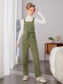 Teenage Girls' Corduroy Sleeveless Long Pants Jumpsuit With Belt For Casual Wear