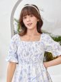 Teenage Girl's Floral Printed Square Neckline Shirred Dress