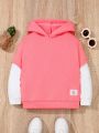 SHEIN Boys Fit Casual Patchwork Contrasting Color Hooded Pullover Sweatshirt